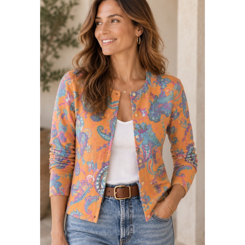 Ralph Lauren Paisley 100% Cashmere Floral Orange Button Cardigan Sweater Crew M